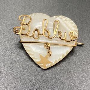 Vintage Mother Of Pearl Monogram Twisted Wire Brooch Bobbie Carved Heart